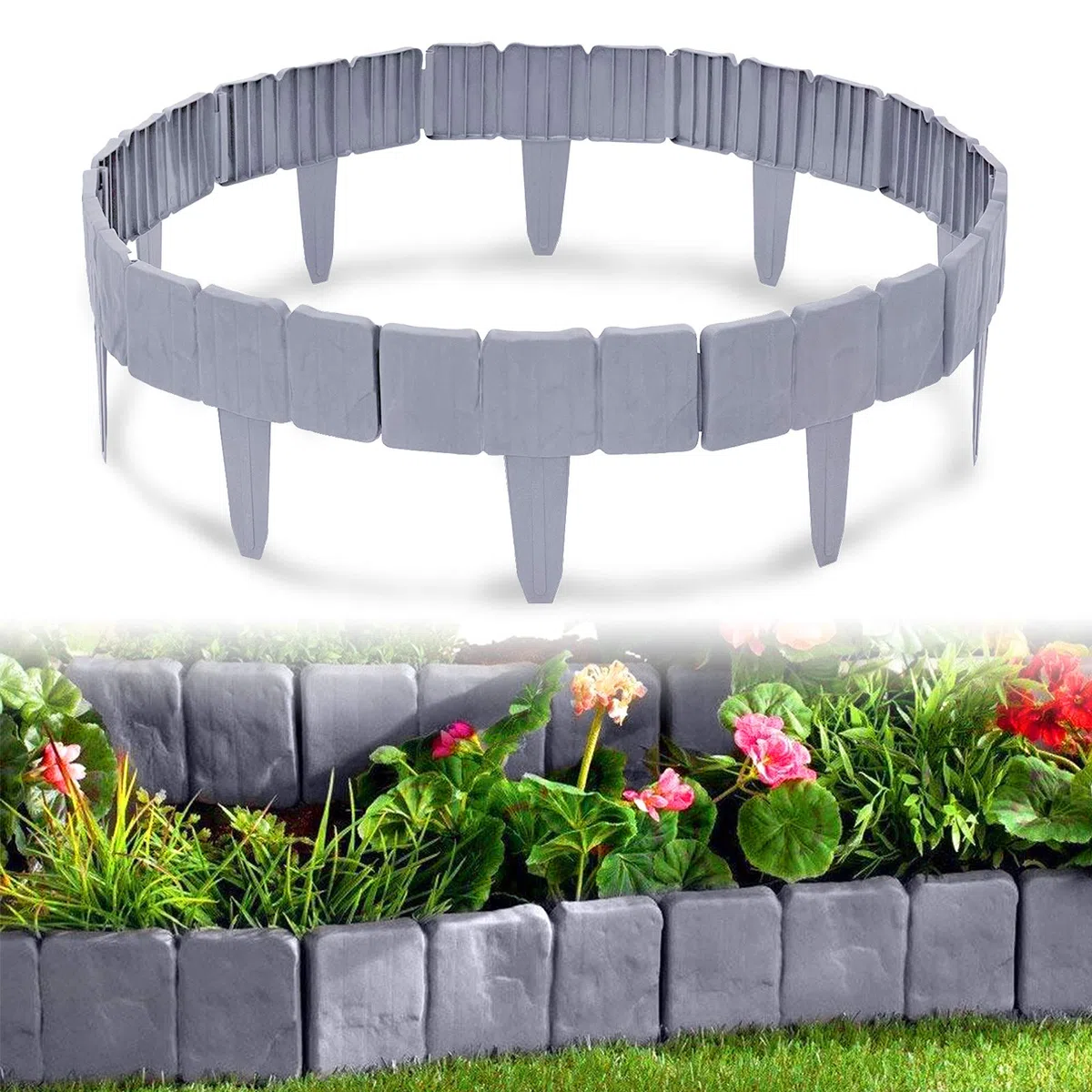 HENGMEI Bordo in Plastica Flessibile per Giardino Bordi per giardini effetto pietra 17,5m-70 Pezzi, 1 elemento (lunghezza x altezza): 25 cm x 23 cm, Grigio