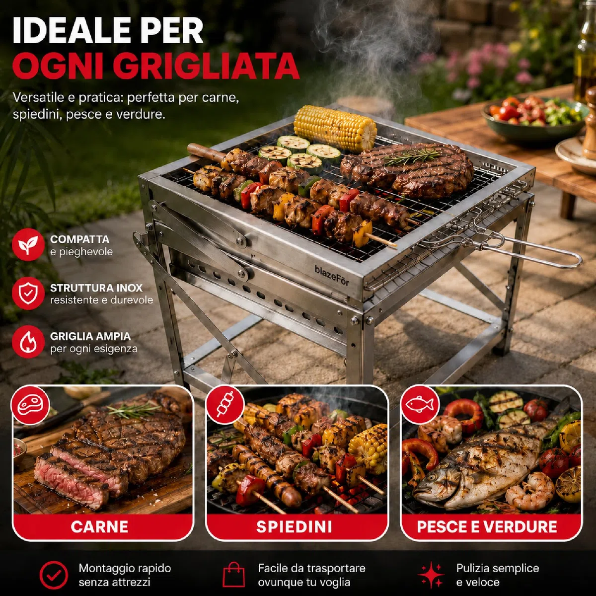 Barbecue a Carbone Girevole 180° Inox Portatile per Giardino e Campeggio | Griglia Ribaltabile a 180° con Manovella, Braciere Regolabile in Altezza, Pinza per Carne Inclusa, Facile da Montare