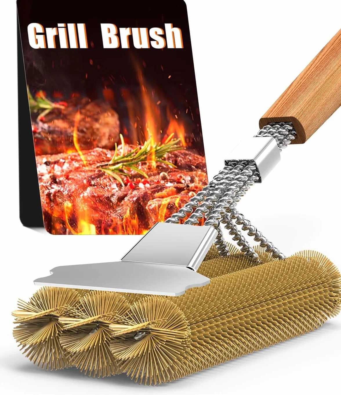 Spazzola per barbecue in ottone, spazzola per la pulizia della griglia, raschietto in acciaio inox, setole spesse in acciaio inox, manico in legno extra lungo da 39 cm, per barbecue a gas, griglia a