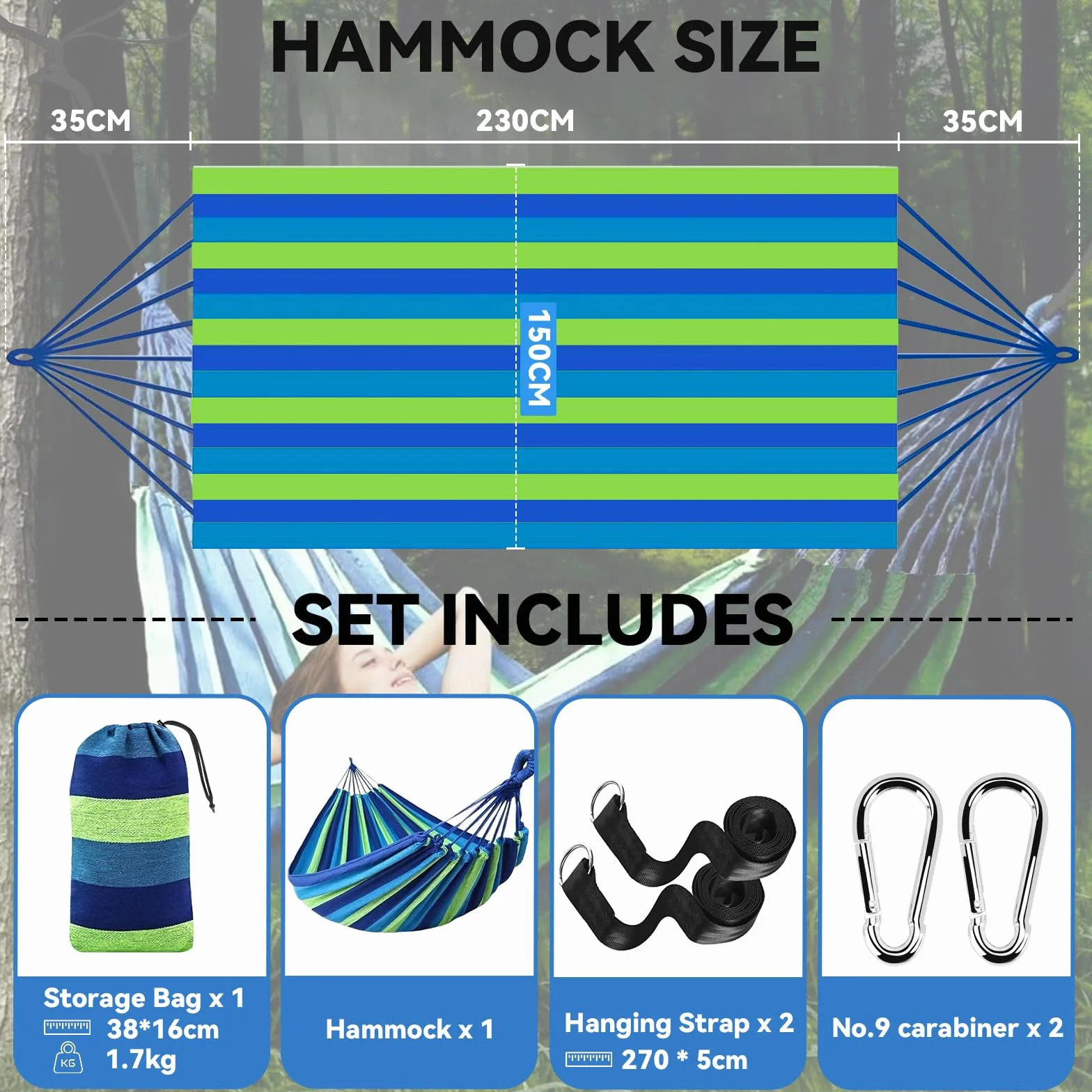 Amaca da Campeggio in Tela 300x150 cm, Capacità di Carico di 270 kg, Traspirante, Durevole Amaca Portatile con Borsa, 2 Moschettoni Premium, 2 Cintura di nylon, Per Esterno Giardino Spiaggia