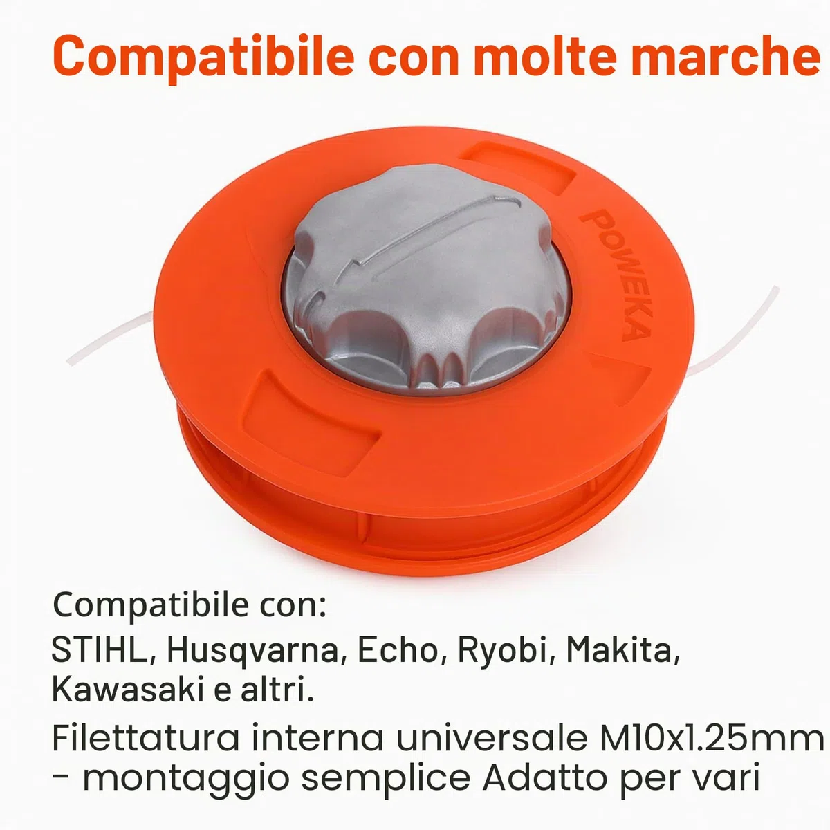 Poweka Testina di Ricambio Universale per decespugliatore M10 x 1,25 per Tosaerba in Nylon Alluminio,Arancia
