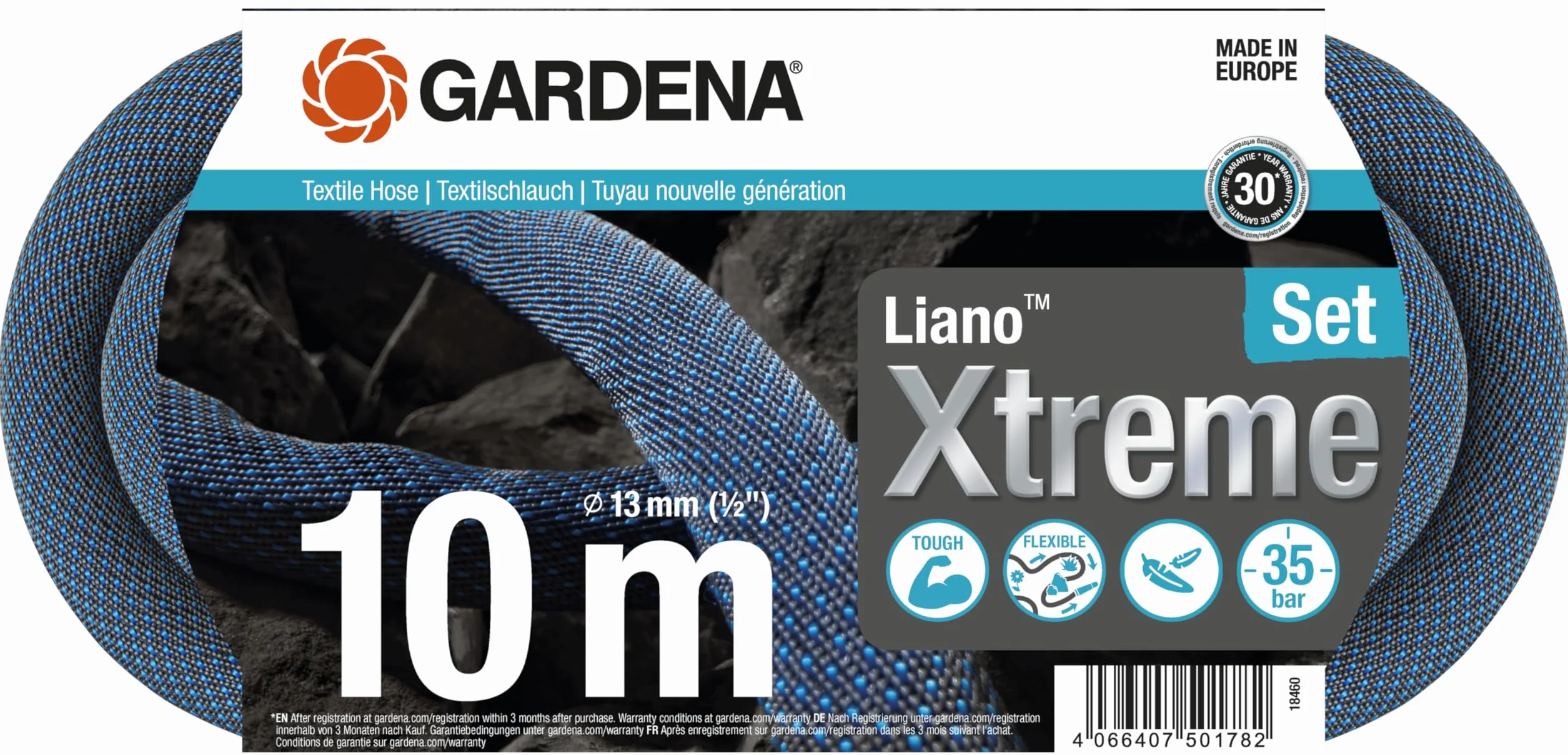 Gardena Tubo Acqua da Giardino Liano Xtreme 10 m, 13 mm (1/2") : Flessibile e Estremamente Resistente, Compatto e Leggero, Set con Raccordi Rapidi e Lancia Irrigazione con Getto Regolabile (18460-20)