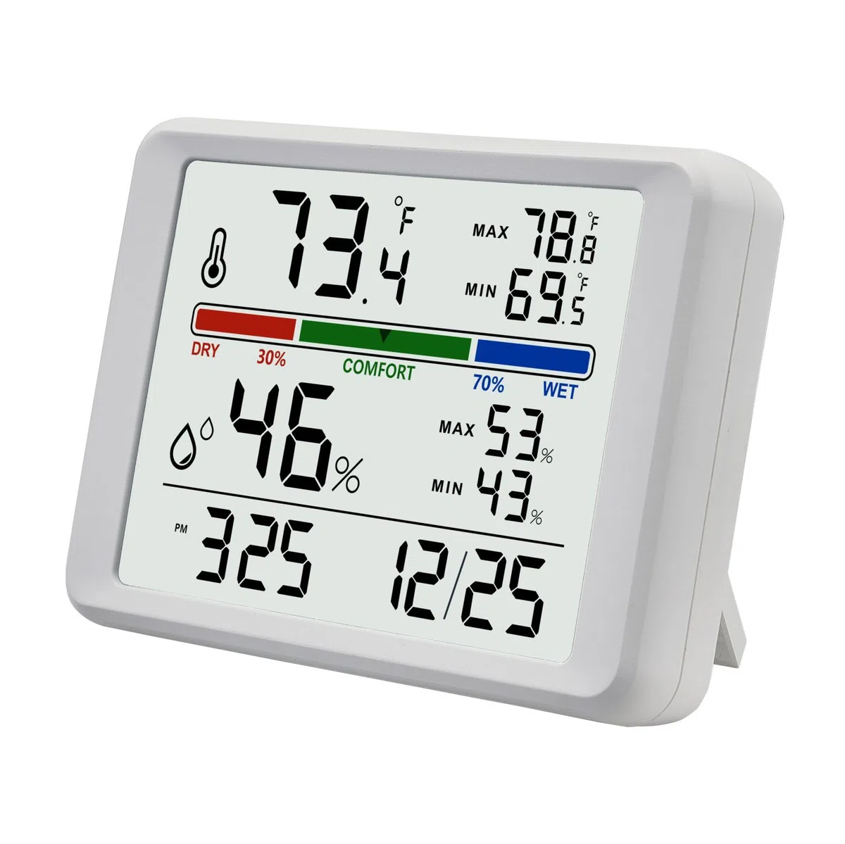Termometro Digitale Igrometro, Termometro da Parete per Interni Plumeet con Retroilluminazione, Sveglia, Indicatore di Comfort Dell'aria, Termometro da Tavolo per la Casa, Bianco