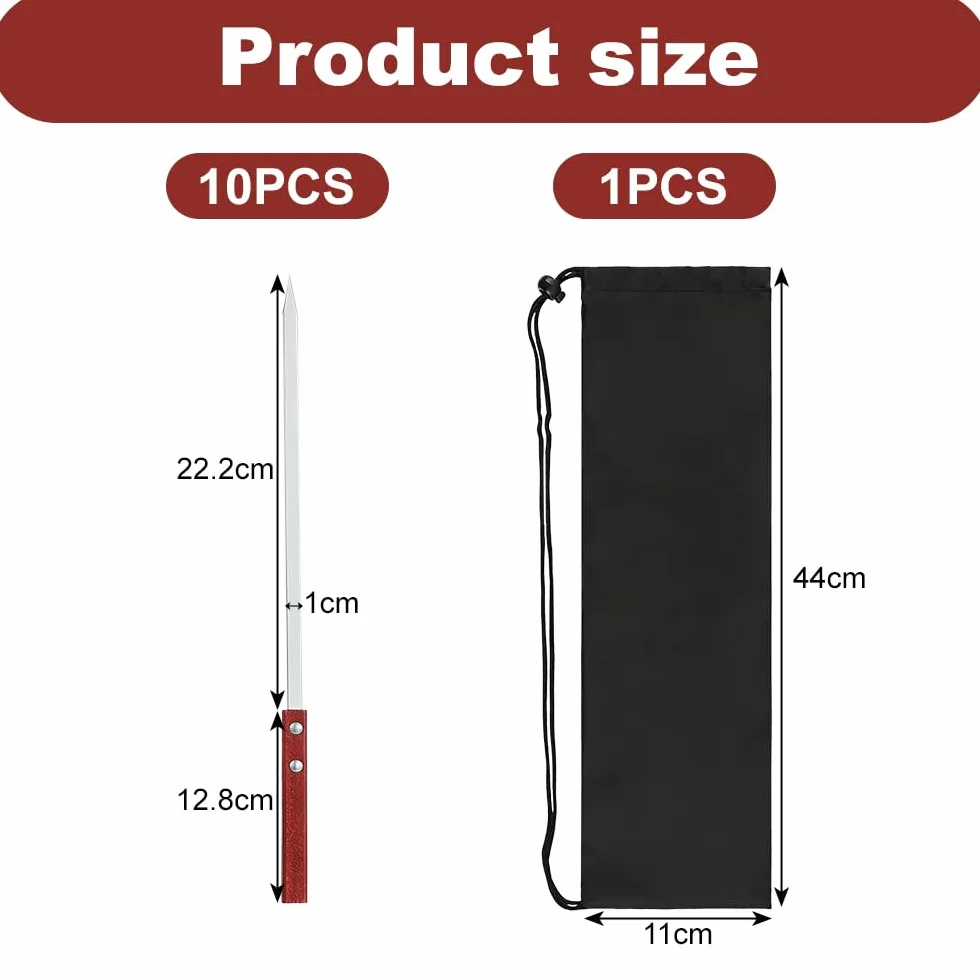 10 PCS spiedini per barbecue, Kebab Piatto da 35 cm, con Manico in Legno Resistente al Calore, Spiedini per Barbecue Riutilizzabili, Accessori per Griglia con Borsa, Kebab Multiuso