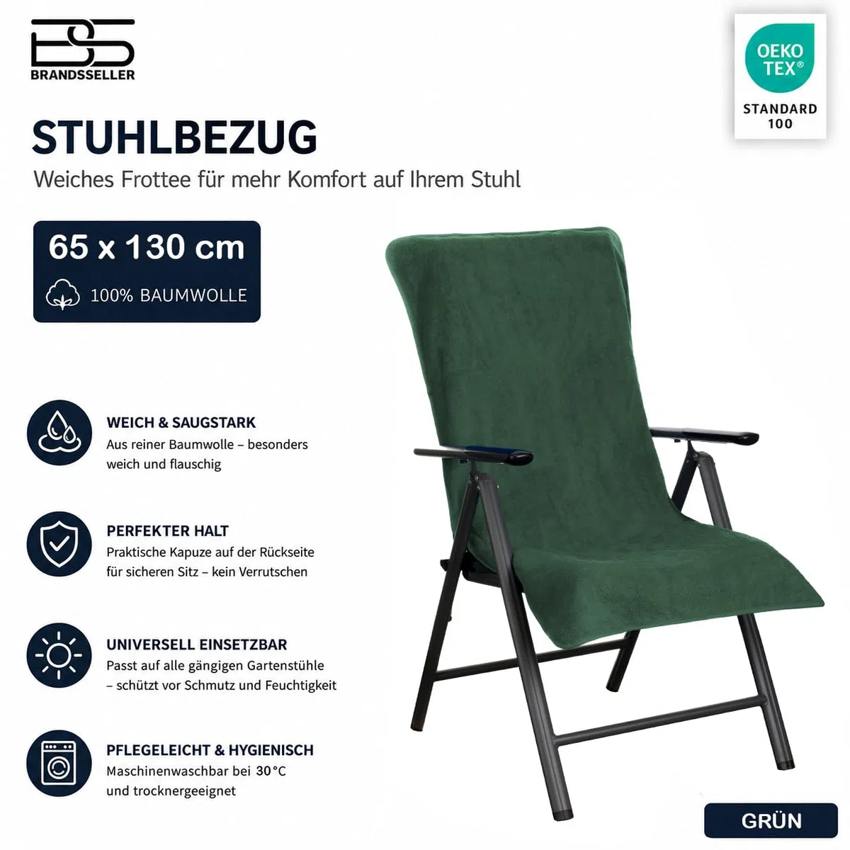 Brandsseller Coprisedia in Spugna per Sedia da Giardino 65x130 cm – Asciugamano XL in 100% Cotone Copricuscino - antiscivolo, lavabile, certificato Oeko-Tex – Verde Scuro
