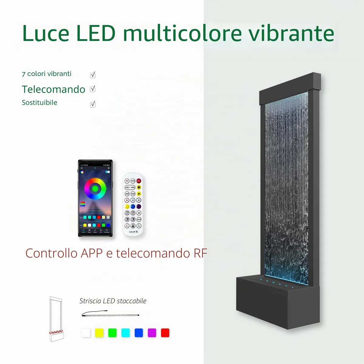 LONGRUN Fontana a cascata a specchio da interno con luce a LED controllata app, pavimento da giardino esterno in piedi, da 48 "Acqua di arredamento per la casa Caratteristica -Nero