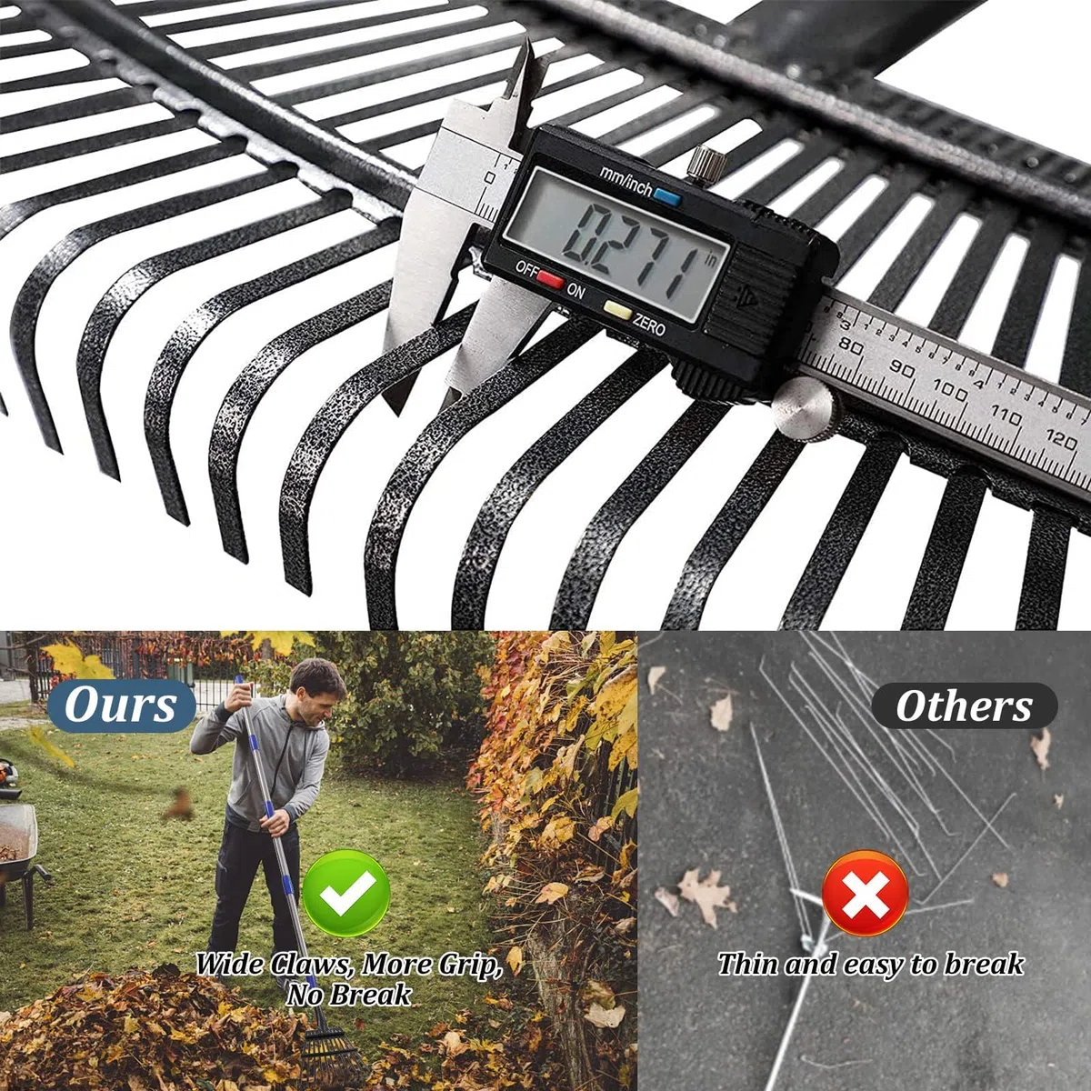 Rastrello da giardino Heavy Duty, per lavori di giardinaggio con 11 denti in metallo di larghezza 21 cm, aggiornato da 78 a 182 cm, manico lungo regolabile per livellamento Yard Cleanup Lawns, argento