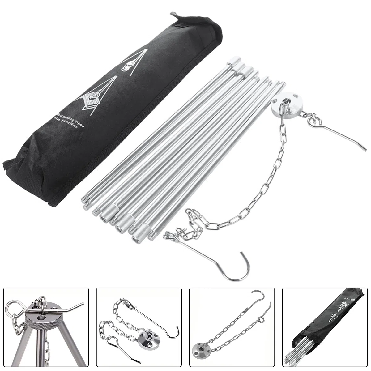 Treppiede per barbecue, telaio telescopico a tre zampe, per cucinare all'aperto, set di treppiedi pieghevole per falò, griglia per campeggio, barbecue sospeso, campeggio con catena e gancio