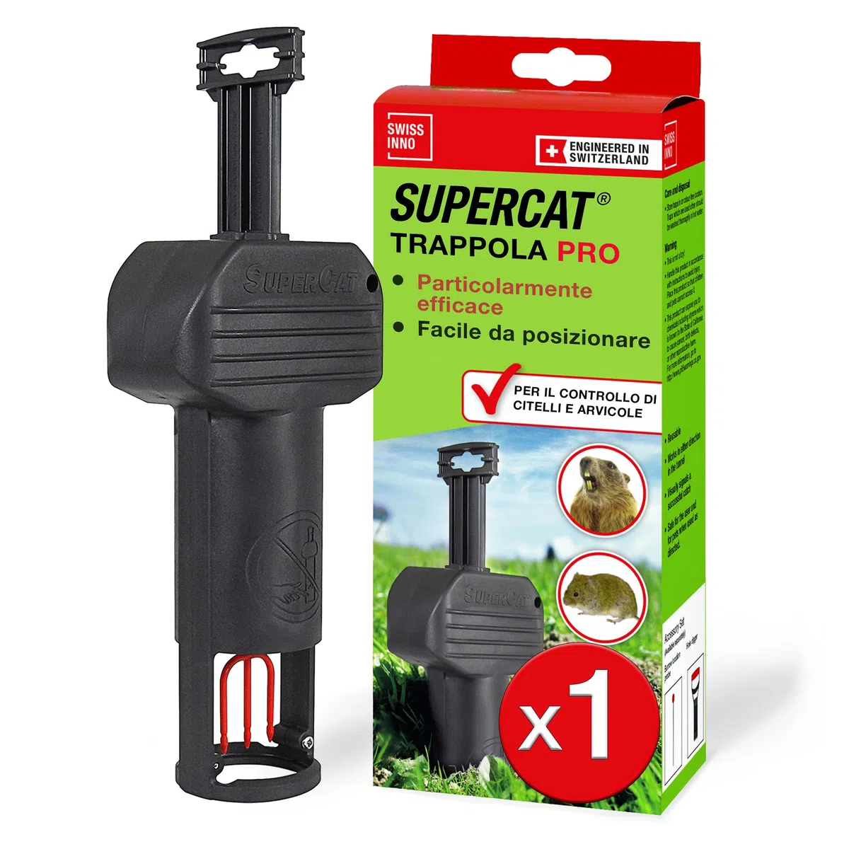 SWISSINNO Trappola Arvicola PRO SuperCat – Trappola a Scatto da Tunnel per Arvicole & Topi Campestri, Scatto Sensibile, Montaggio Facile, Cattura Roditori Riutilizzabile per Giardino – 1 Pezzo