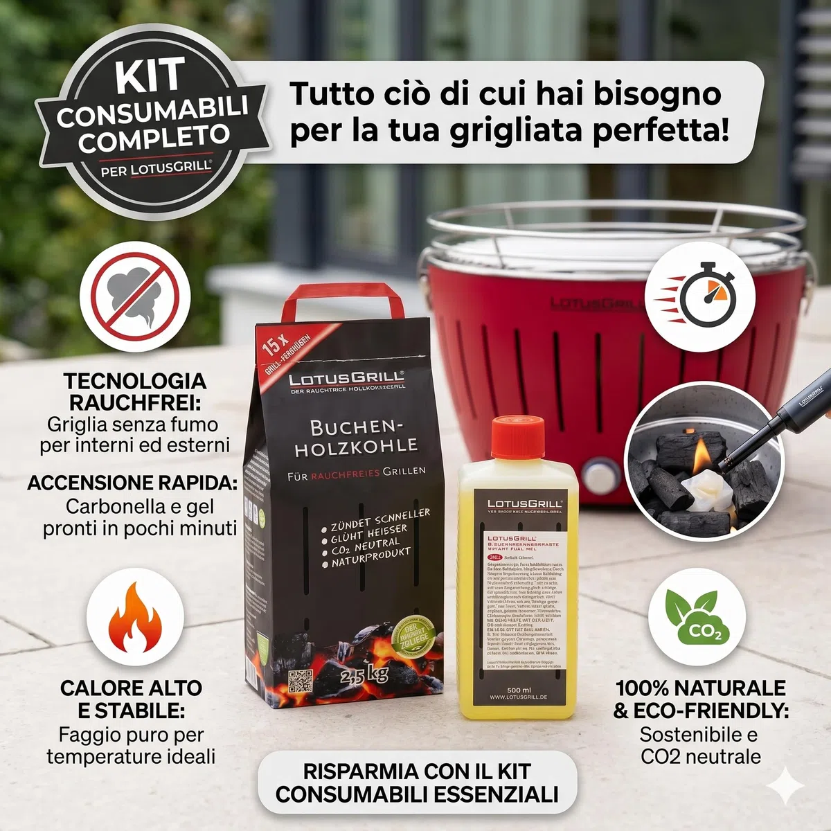 BERARDI LotusGrill Kit Consumabili per LotusGrill, Carbone di Faggio 2,5 kg e Pasta Combustibile 500 ml, CO2 Neutrale, Naturale