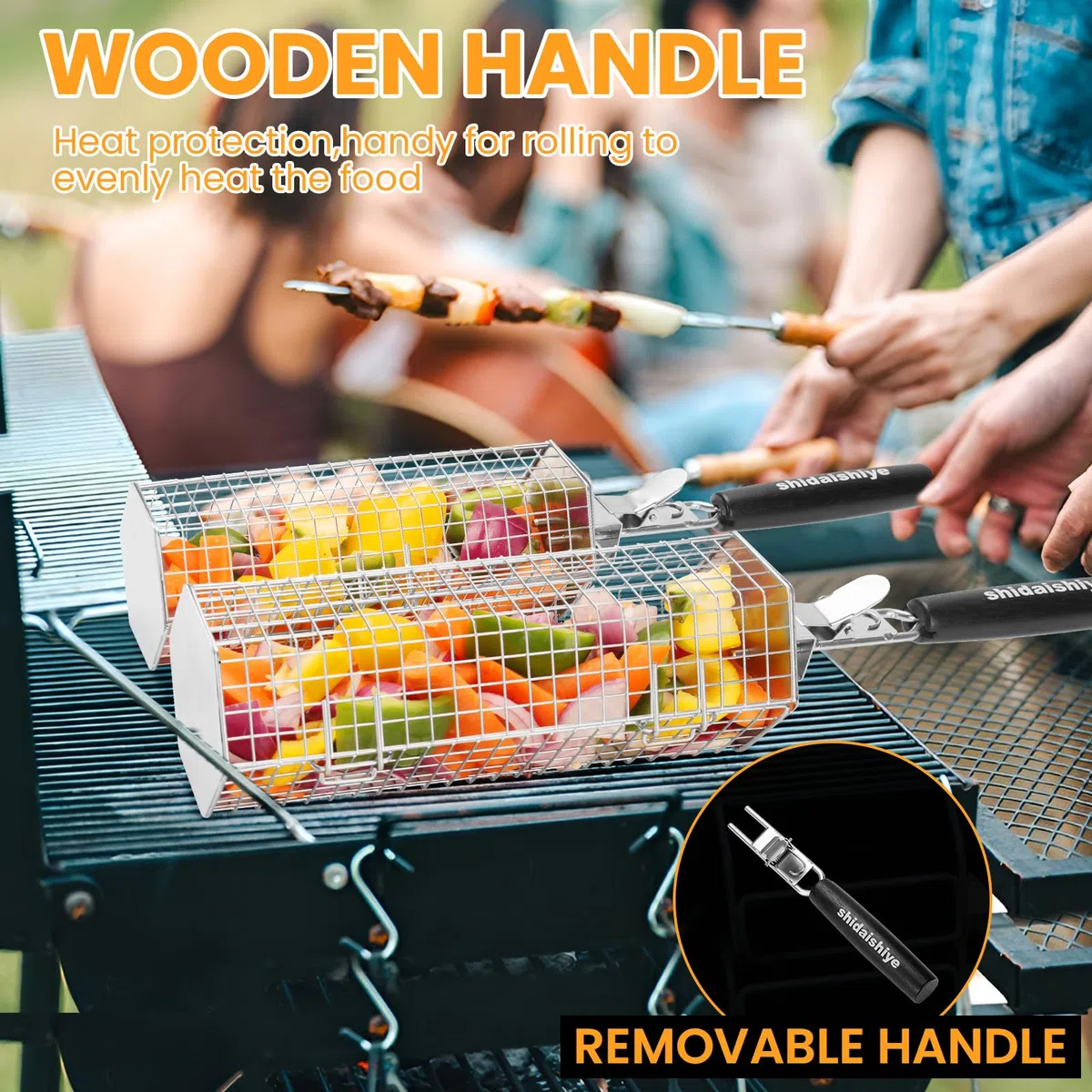 Cestello per Barbecue, Cestello con Manico Rimovibile, Nidificabile,Acciaio Inossidabile 304, Accessori per BBQ per Verdure e Gamberetti, Campeggio all'aperto, Regali per Barbecue per Uomo (2 pezzi)