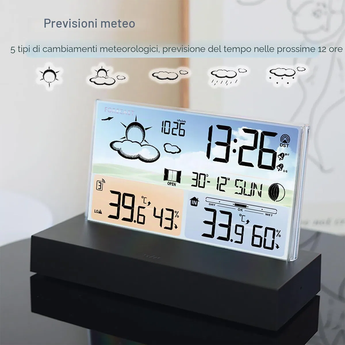 Stazione Meteorologica con Sensore Wireless Esterno, Stazione Meteorologica Digitale con Display LCD Wireless con Doppia Sveglia/Data/Temperatura/Umidità/Avviso/Barometrico/Previsioni Meteo Per Casa