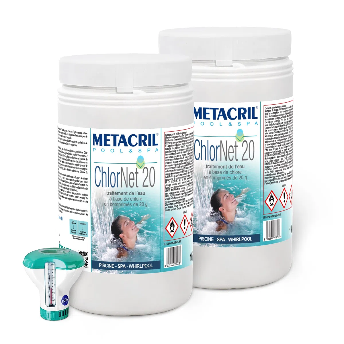 Metacril Chlor Net 20 + Dos. Galleggiante, Tricloro past. da 20gr -(1+1)2Kg | Tavolette cloro a lenta dissoluzione, Ideale per Piscina e Spa Idromassaggio con Dosatore Galleggiante con Termometro