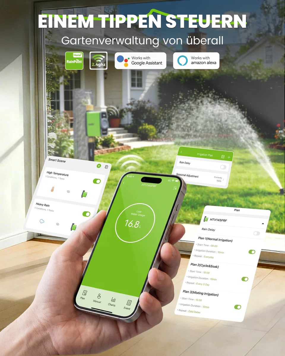 RAINPOINT Centralina Irrigazione WiFi con Ingresso e Uscita in Ottone, Intelligente Timer Irrigazione con Gateway dell'antenna, APP/Vocale Controllo, Ritardo per Pioggia/Manuale, per Prato Giardino