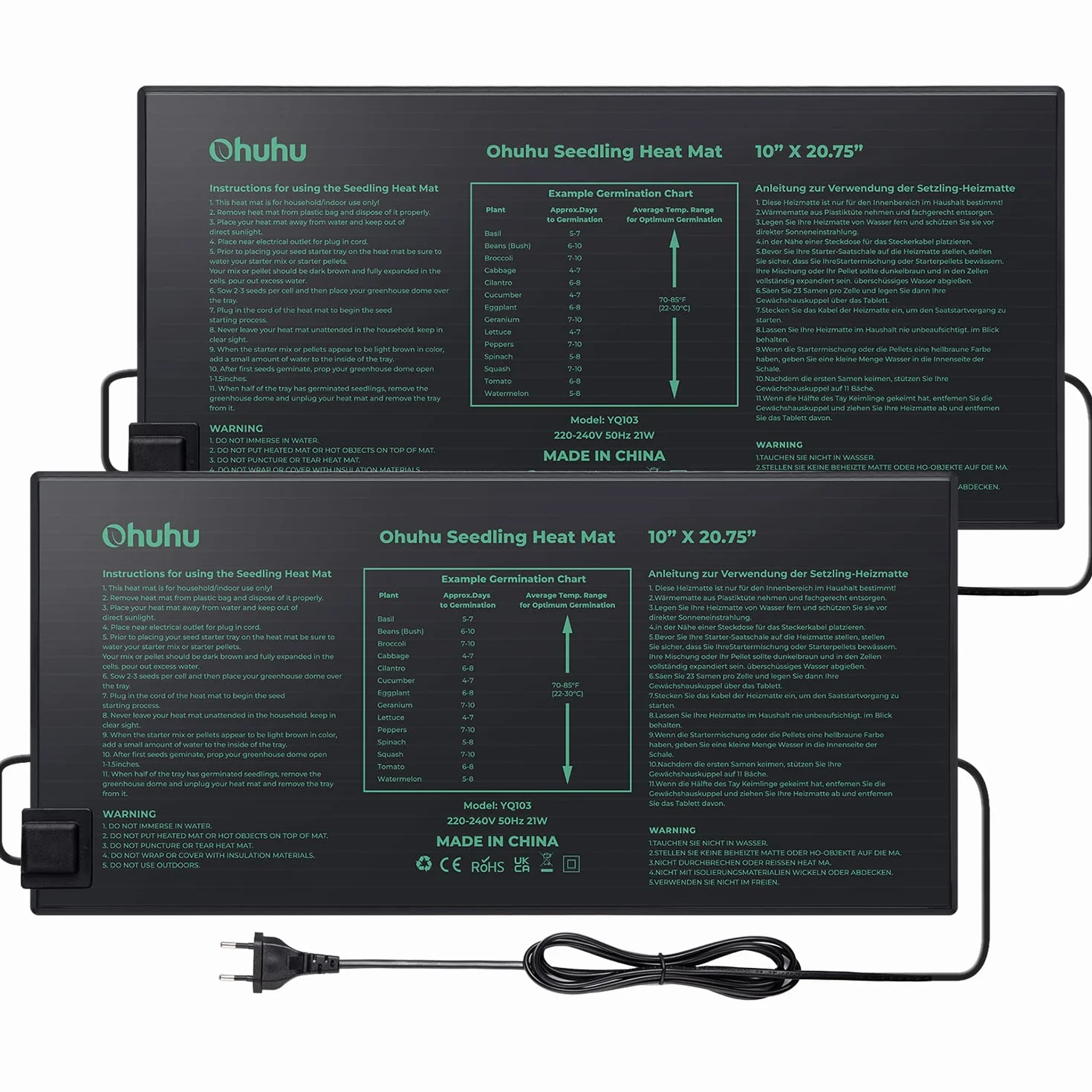 Ohuhu Tappetino Riscaldante Tappeti Riscaldanti per Animali Idroponica 2 Pezzi, 21 Watt Tappeto Piastra Riscaldante per Serra Germinazione Giardino Idroponica Rettile Terrario, 25x52 cm