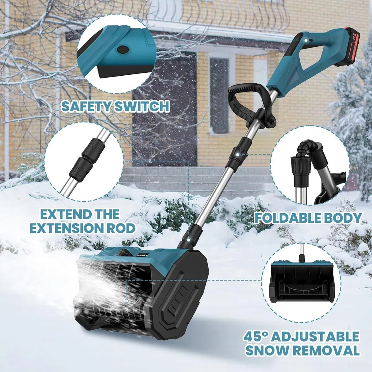 Pala Da Neve Senza Fili, Spazzaneve Pieghevole Alimentato A Batteria, Batteria Agli Ioni Di Litio Da 3000 Mah E Caricabatterie Rapido Inclusi Per La Rimozione Della Neve,Blue-2Batteries