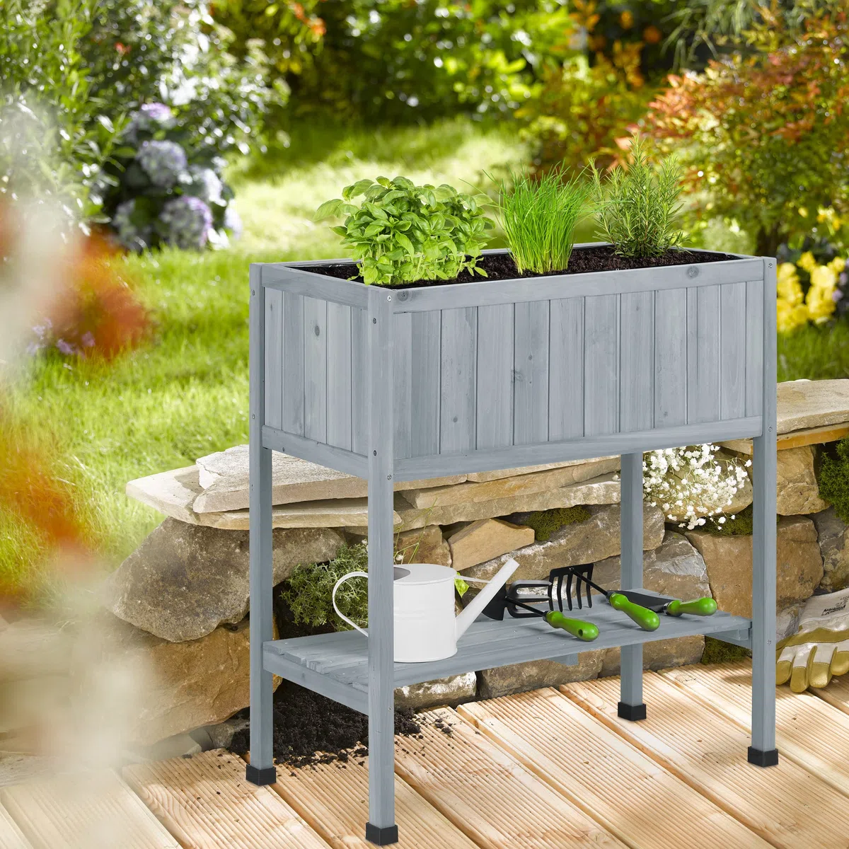 Relaxdays Aiuola Rialzata in Legno, Fioriera per Balcone e Terrazza, 80,5x74x38 cm, con Rivestimento per Posa, Grigio