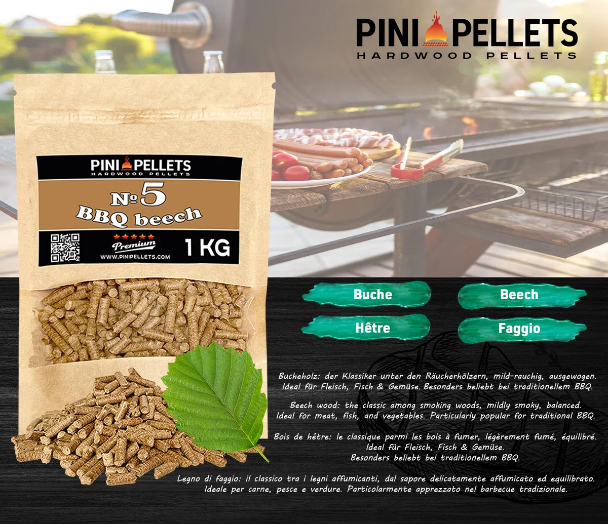 PINI Set di pellet in legno naturale, 4 x 1 kg, per affumicatore a scelta tra 4 varietà – pellet di faggio n. 5, pellet di ciliegia n. 8, pellet di mela n. 9, Erlenpellets Nr 11 – legno puro