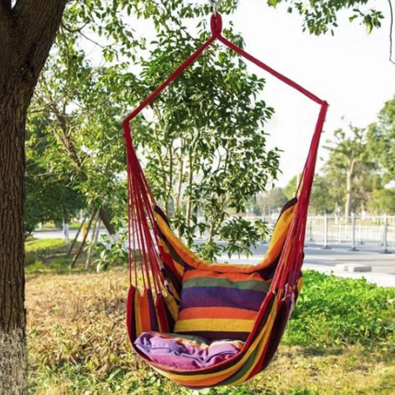 Sedia Sospesa Altalena per Amaca da Esterno in Tela, a Strisce Colorate, Pieghevole Portatile, 100x130cm, per Giardino