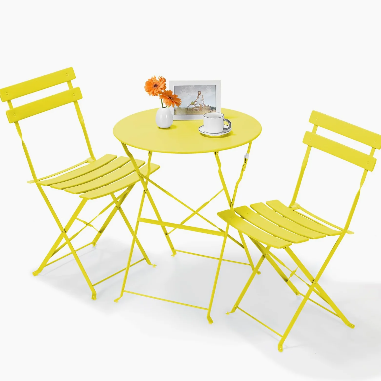 LIFERUN Set da Bistrot Pieghevole 3 Pezzi, Tavolo da Giardino Bistrot in Metallo, 1 Tavolo e 2 Sedie per Piccoli Balconi, Resistente alle Intemperie, per Balcone, Giardino e Terrazzo, Giallo