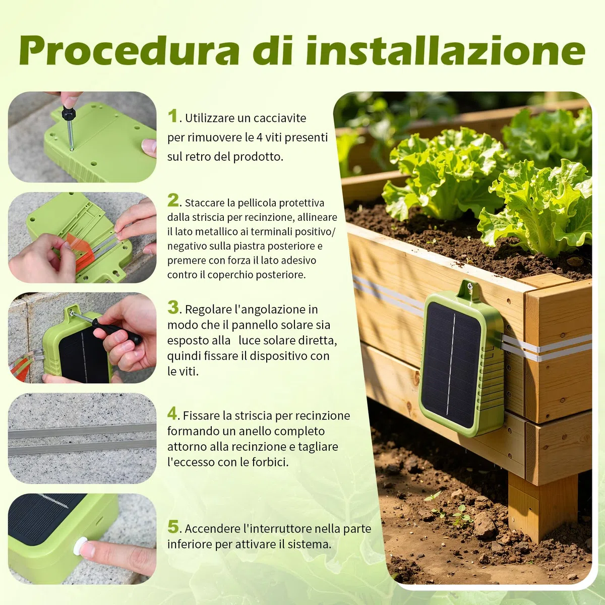 Kit di Recinto Elettrico Anti-Lumache, Pannello Solare 2W e Batteria al Litio Integrata 2.4Ah, Dispositivo di Protezione con Nastro Recinto 12m e Accessori Anti-Lumache, per Protezione Giardini