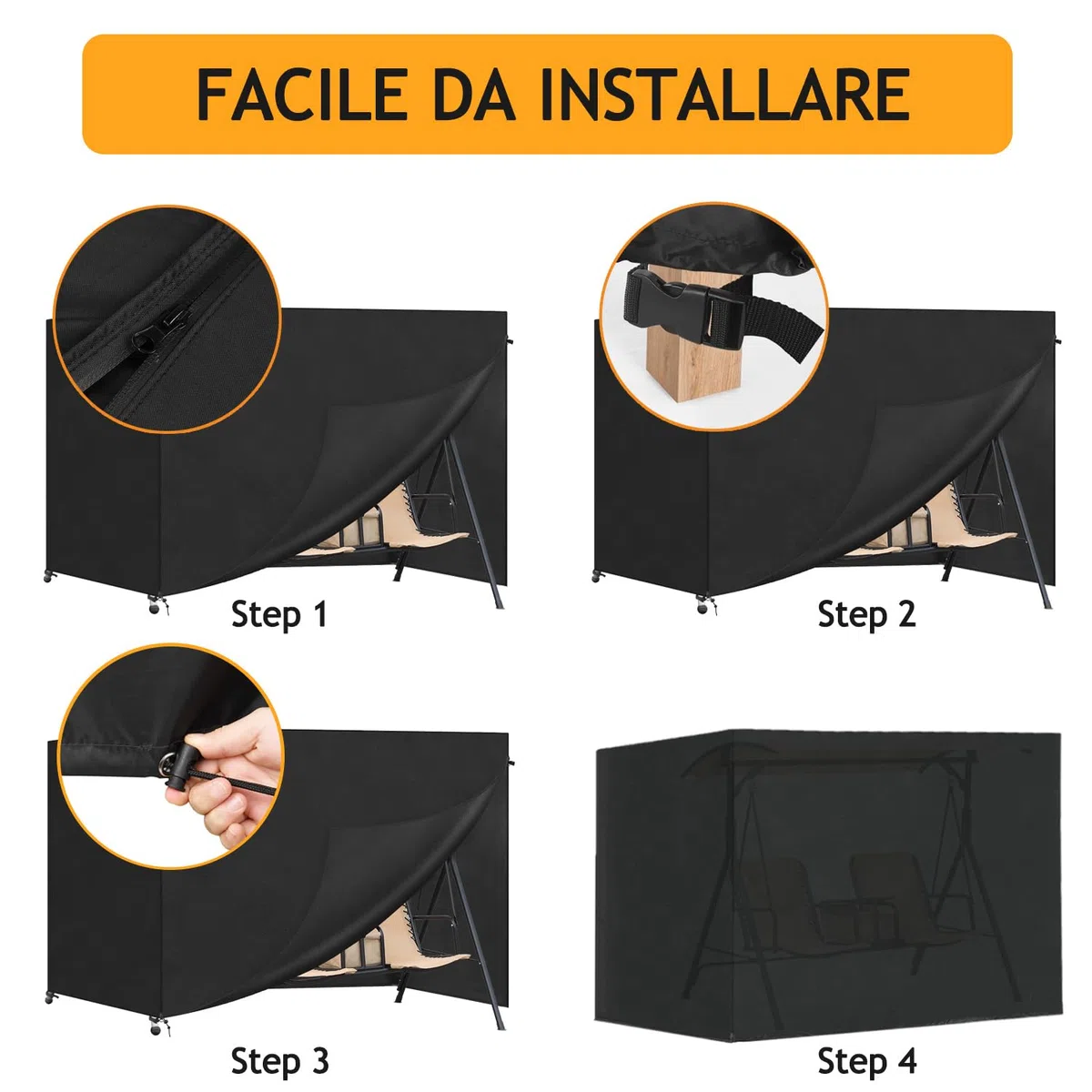 Copertura per Dondolo da Giardino Impermeabile, Copri Dondolo 3 Posti Esterno, Antivento, Crema solare, 600D Oxford per Tettuccio per Dondolo 3 Posti (Nero, 220x135x170cm)