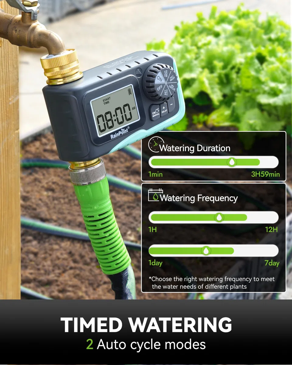 RAINPOINT Timer irrigatore, timer per tubo da giardino, 100% metallo, controller programmabile per irrigazione, controller con irrigazione manuale/ritardo pioggia per prato e giardino, 1 zona 2 pezzi