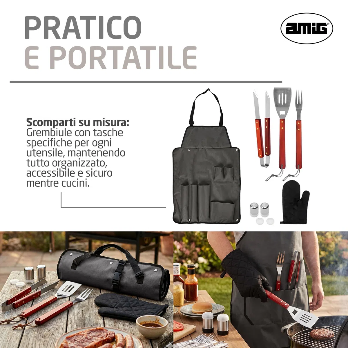 Amig - Grembiule barbecue con 7 accessori - Acciaio inossidabile - Set utensili BBQ - Con tasche - Accessori pratici e presentazione curata per regalo - Mod. AM17