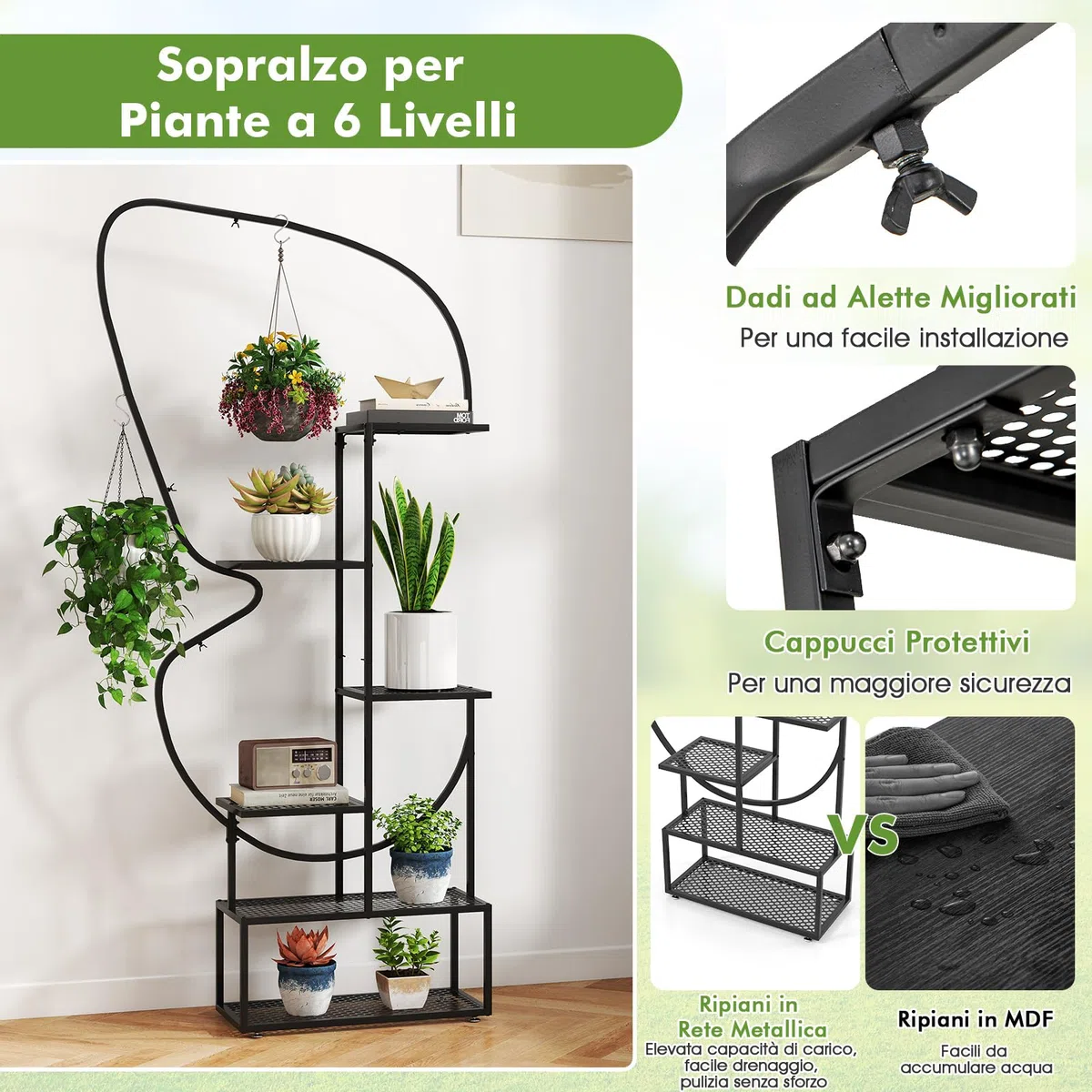 COSTWAY Scaffale Porta Piante a 6 Livelli, Scaffale per Vasi a Forma di Farfalla con 12 Ripiani in Rete Metallica e 4 Ganci, Mensola a Scala per Piante da Interno e Esterno (Nero)