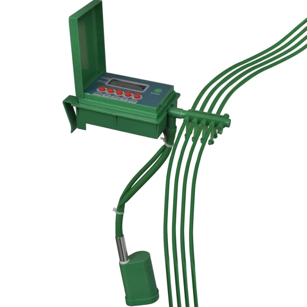 Sistema di irrigazione automatico con timer, tubo in vinile da 10 m, 10 perni a molla, controller intelligente, risparmio idrico, per giardino, prato, terrazza, balcone e serra