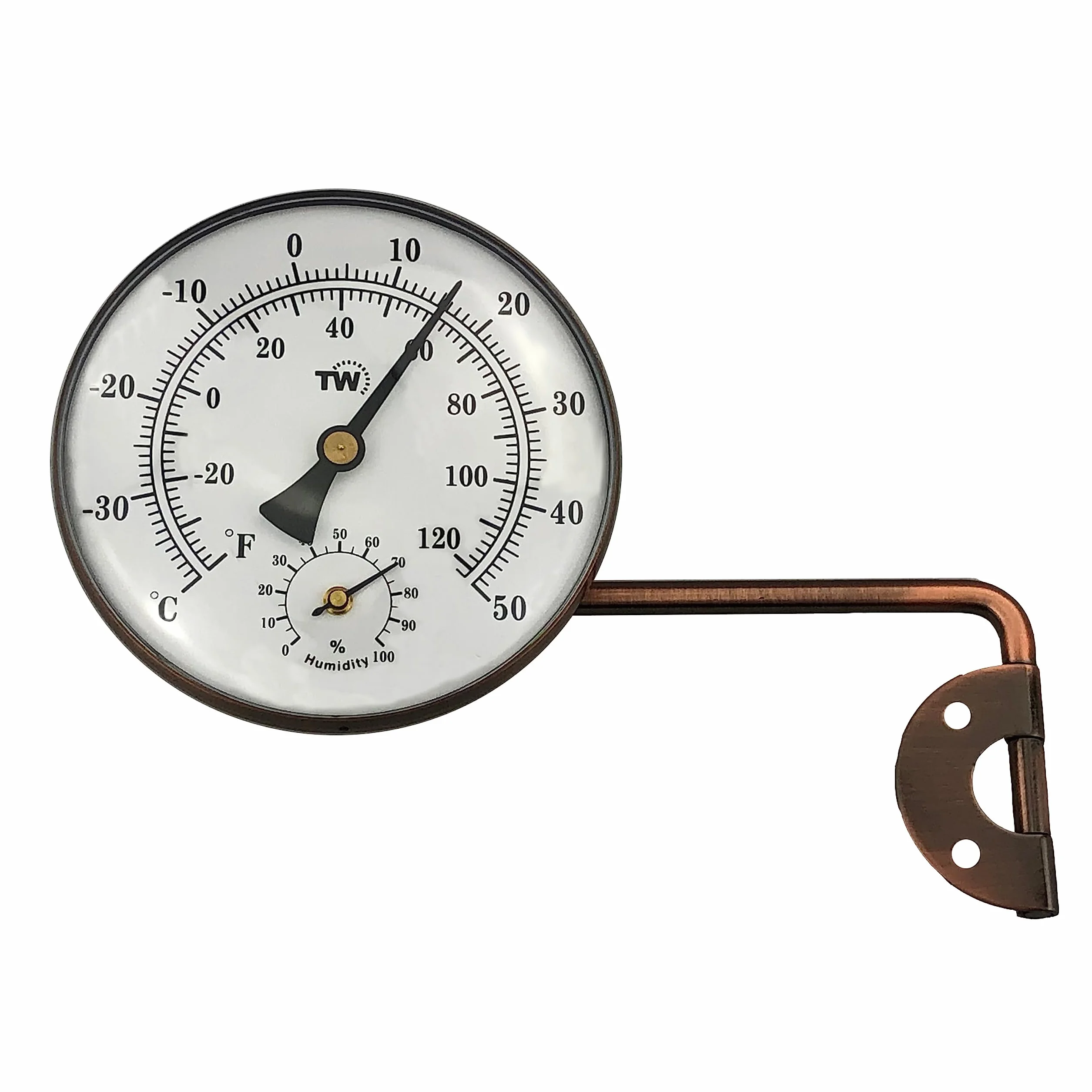 Termometro igrometro da esterno in ottone con elegante design del quadrante, termometro da giardino adatto per misurare temperatura esterna e umidità, per parete, serra, garage, braccio oscillante per