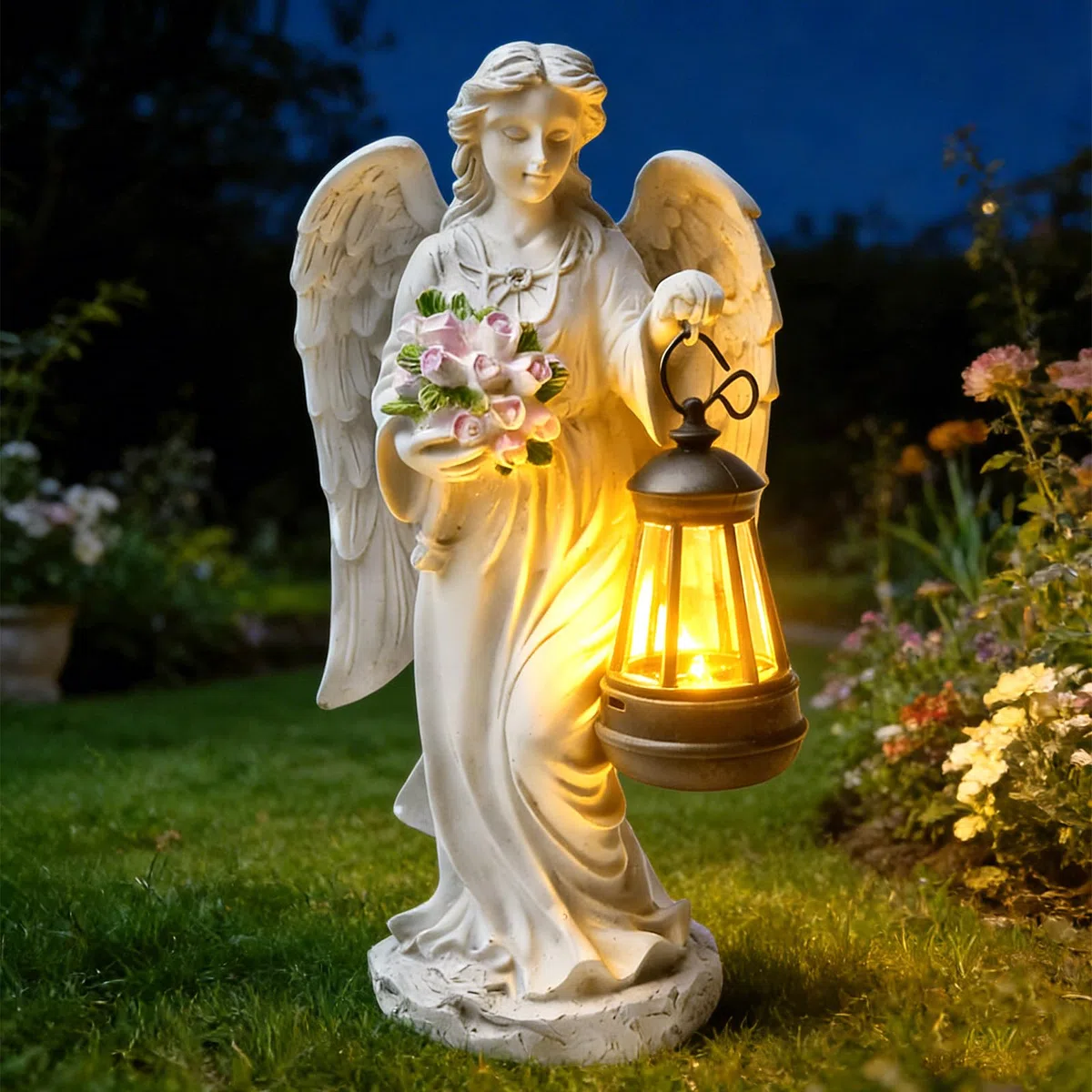 GOMETY Statue da giardino a forma di angelo custode con lanterna solare a LED, decorazione per esterni, scultura d'angelo, decorazione per prato, cortile, terrazza, davanzale