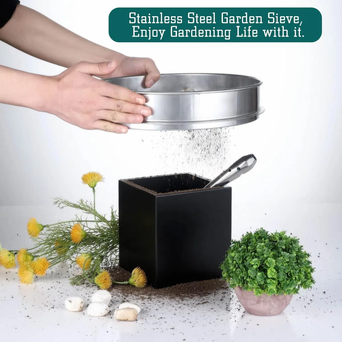 Set di Setaglio da Giardino Rotondo 30cm in Acciaio Inox con 5 Setacci Intercambiabili di 3/6/9/10/12mm, Attrezzi da Giardino per Setacciare Terreni, Semi, Pietre e Compost, Comprese Pale