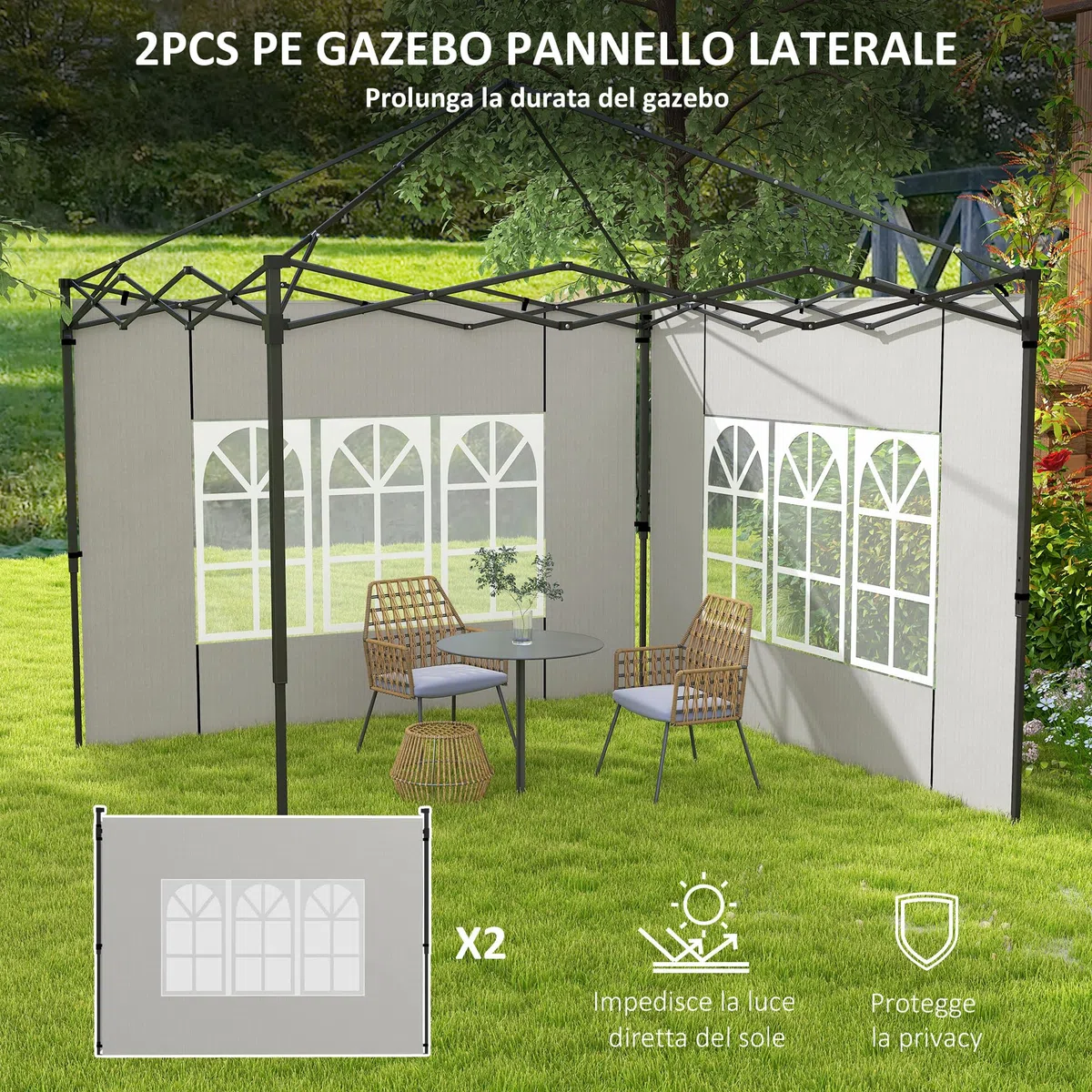 Outsunny Set 2 Pareti Laterali per Gazebo 3x3 m e 3x6 m, Teli per Gazebo con Finestre in PE e Plastica, Bianco