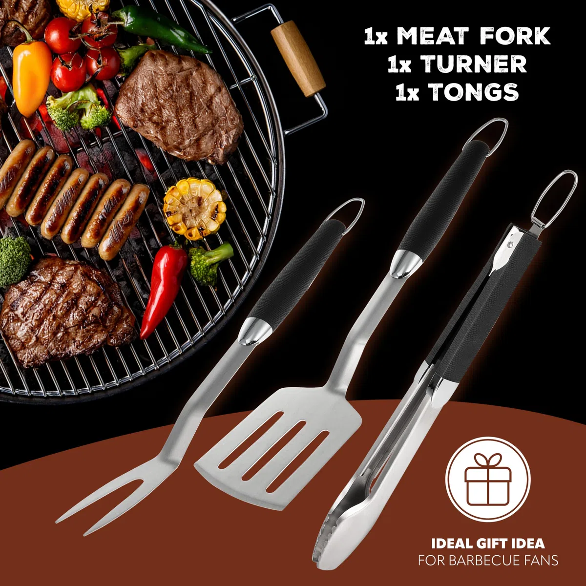 bremermann Set di posate per barbecue, 3 pezzi, pinza, paletta, forchetta per carne, accessori per barbecue in acciaio inox con impugnatura morbida