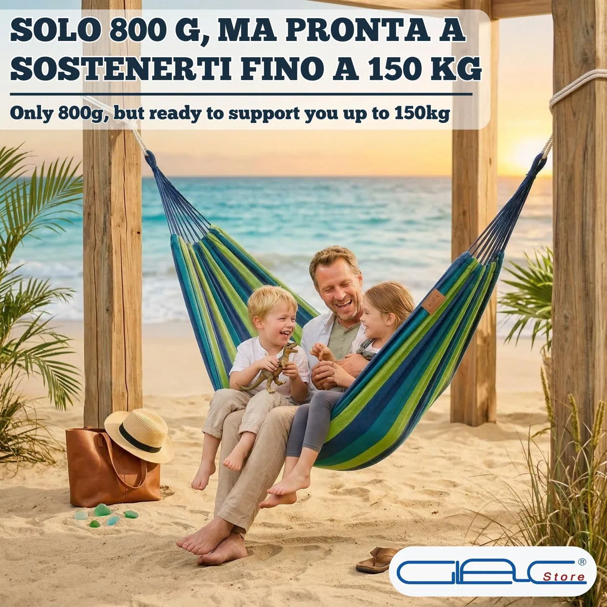 Amaca in Poliestere, 200 x 100 cm, Portata 150 kg, Leggera 800 g, con Corde, per Giardino, Campeggio, Spiaggia (Blu)