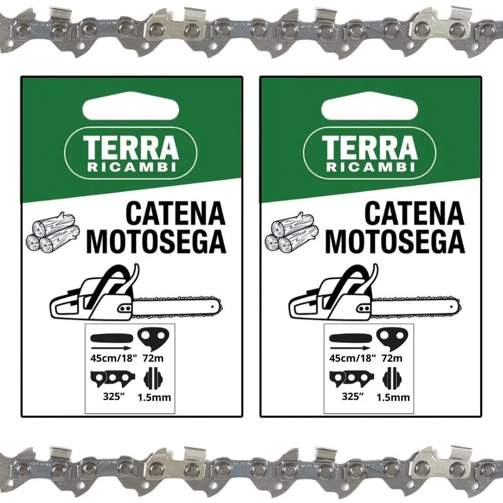 Set 2 Catene Motosega 72 Maglie - passo 325” spessore 1.5mm – per Barra 45cm/18" – Basso Contraccolpo, Alta Durata – Qualità Tedesca Terra Ricambi – Per Uso Agricolo, Forestale e Fai da te.