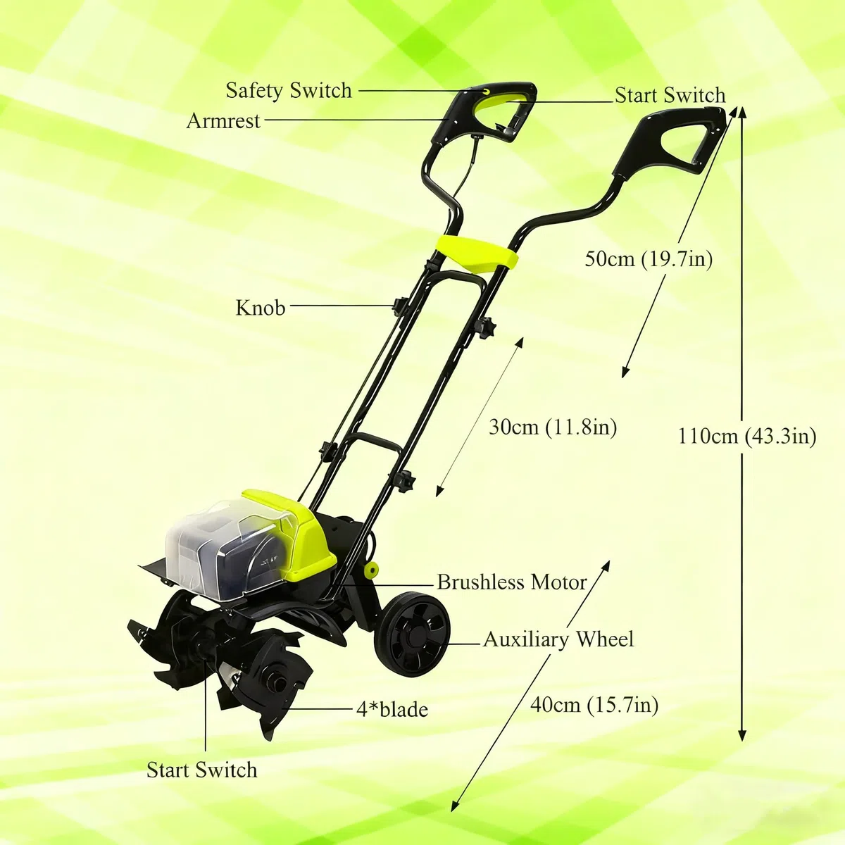 Motocoltivatore Elettrico da Giardino, Motozappa Elettrica a Batteria, Larghezza di Lavoro 35,6 Cm, profondità di Lavoro 18 Cm, con Doppio Interruttore di Sicurezza On/off