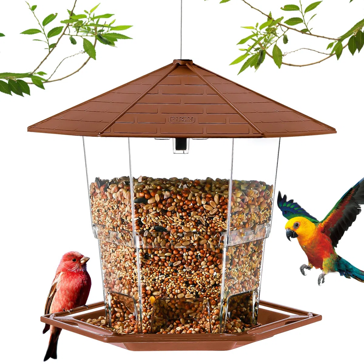 Jealoeur Mangiatoia per uccelli da esterno con funzione di bloccaggio, dispenser per uccelli retrattile da appendere all'aperto, decorazione da giardino, cortile per birdwatcher (marrone-1)