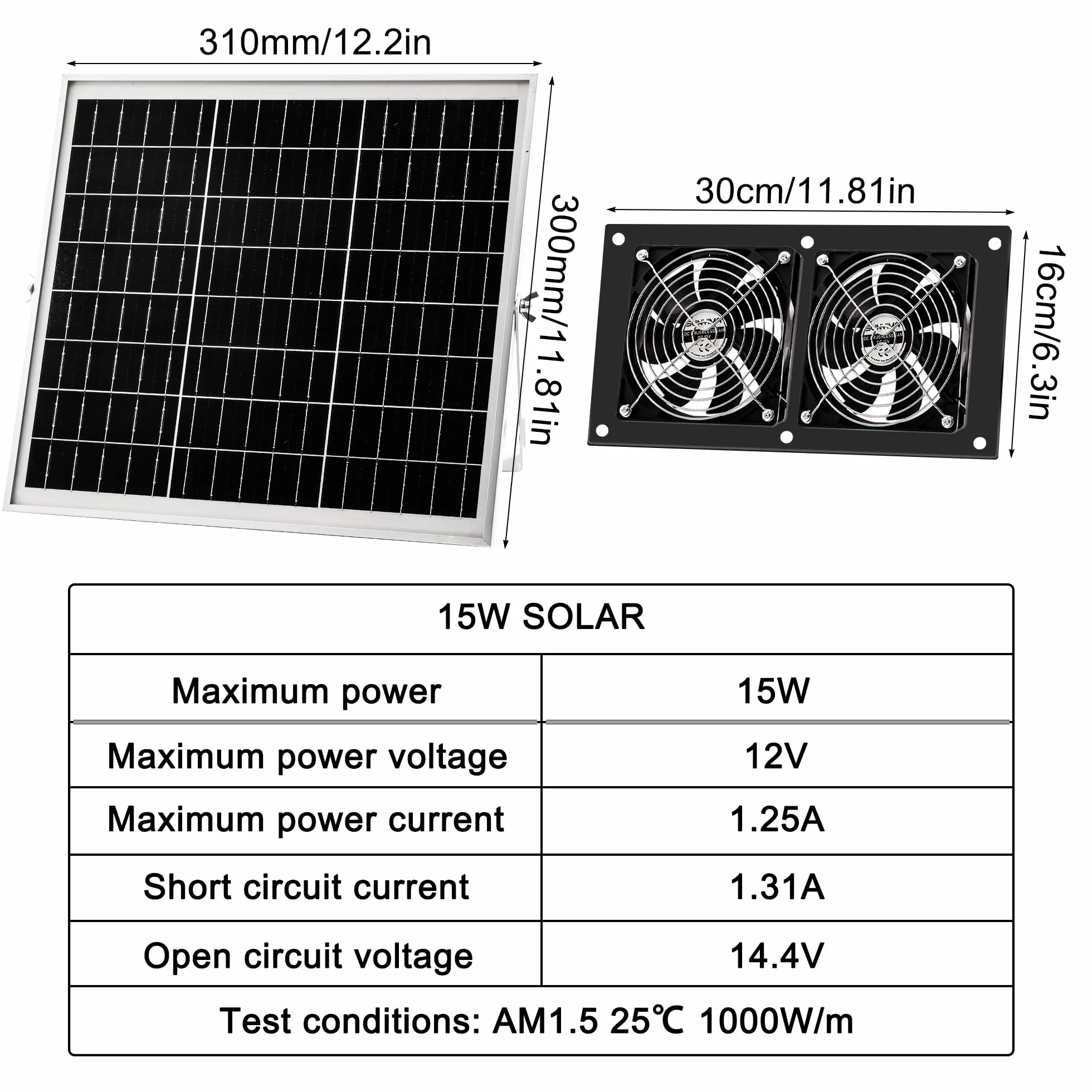 Joycabin Ventilatore solare, 15 W, kit di ventole a pannello solare, doppio ventilatore di scarico, portatile per piccoli polli, serre, case per animali domestici, garage, cantina