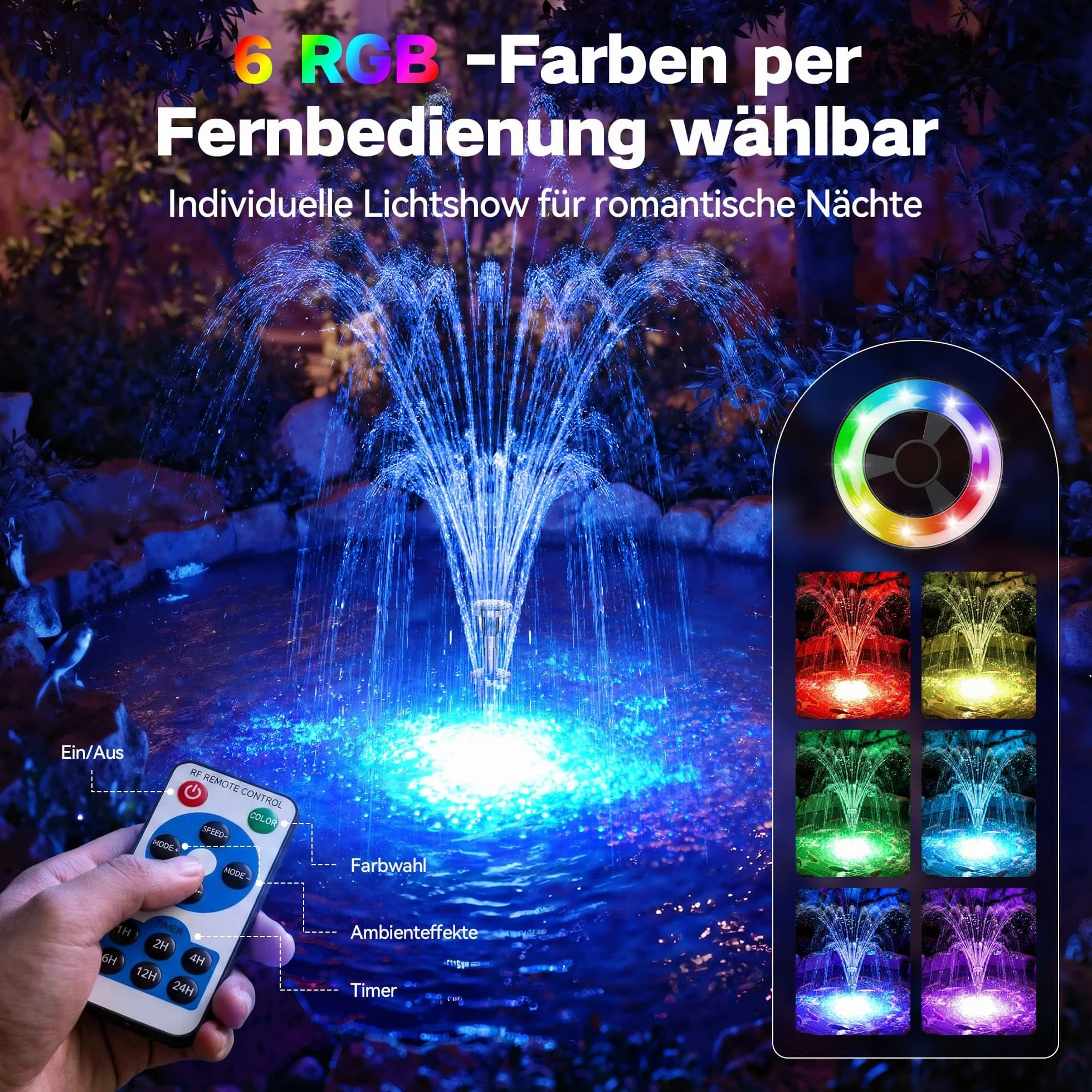 Biling Fontana galleggiante con illuminazione a LED per laghetto da giardino, fontana con pompa da 2500 l/h, cavo da 9 m con spina europea, gioco d'acqua con 3 modalità fontane (antigelo)