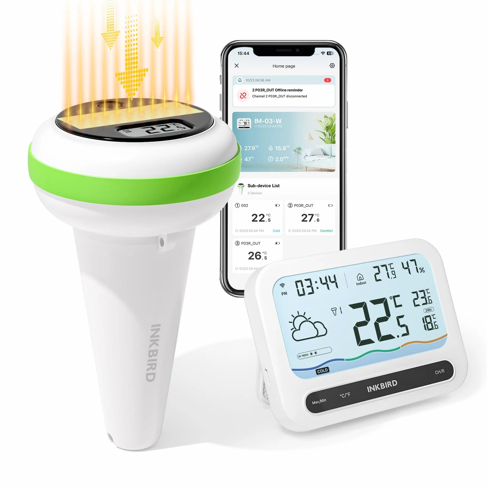 Inkbird Solar Termometro Piscina WiFi, IBS-P03R Termometro Piscina Galleggiante con Gateway IM-03-W, Impermeabile IP68, Esportazione Dati, Controllo App, Monitor Temperatura per Piscine, Spa, Stagni