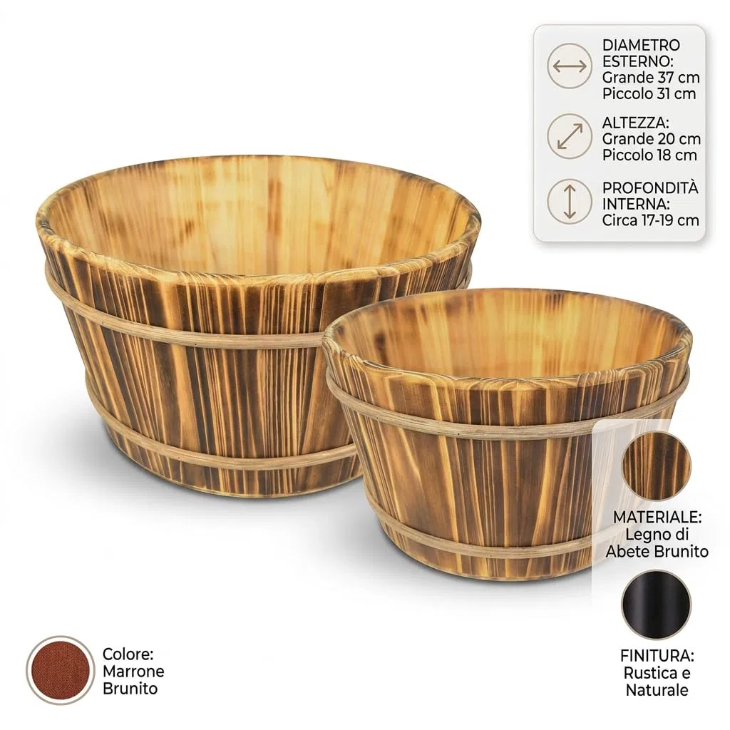 Set 2 Mastelli in Legno di Abete Brunito Marrone, Fioriere e Portaoggetti Decorativi di Diverse Dimensioni, Contenitori Rustici per Casa e Giardino