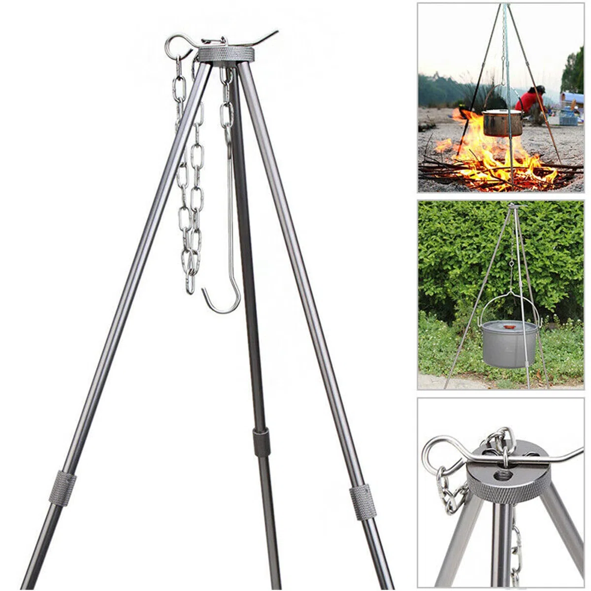 Treppiede per barbecue, telaio telescopico a tre zampe, per cucinare all'aperto, set di treppiedi pieghevole per falò, griglia per campeggio, barbecue sospeso, campeggio con catena e gancio