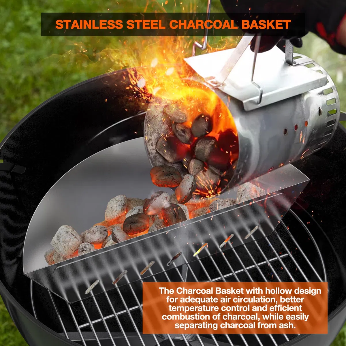 Onlyfire Cestino per Carbonella da Barbecue in Acciaio Inox, BBQ Charcoal Basket per Griglia a Carbone Weber 57/67 cm