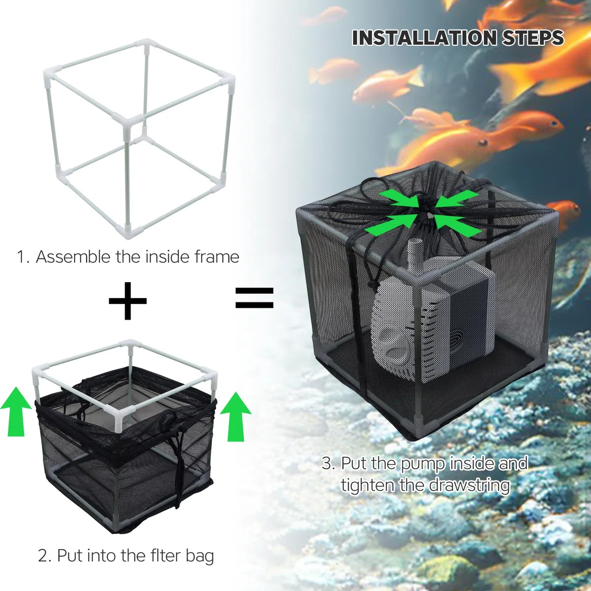 Sacchetto filtro per pompa per laghetto – Scatola a cubo anti-intasamento con cinghie regolabili, grande borsa a pompa per filtri per laghetti d'acqua all'aperto (25,4 cm x 2 pezzi)