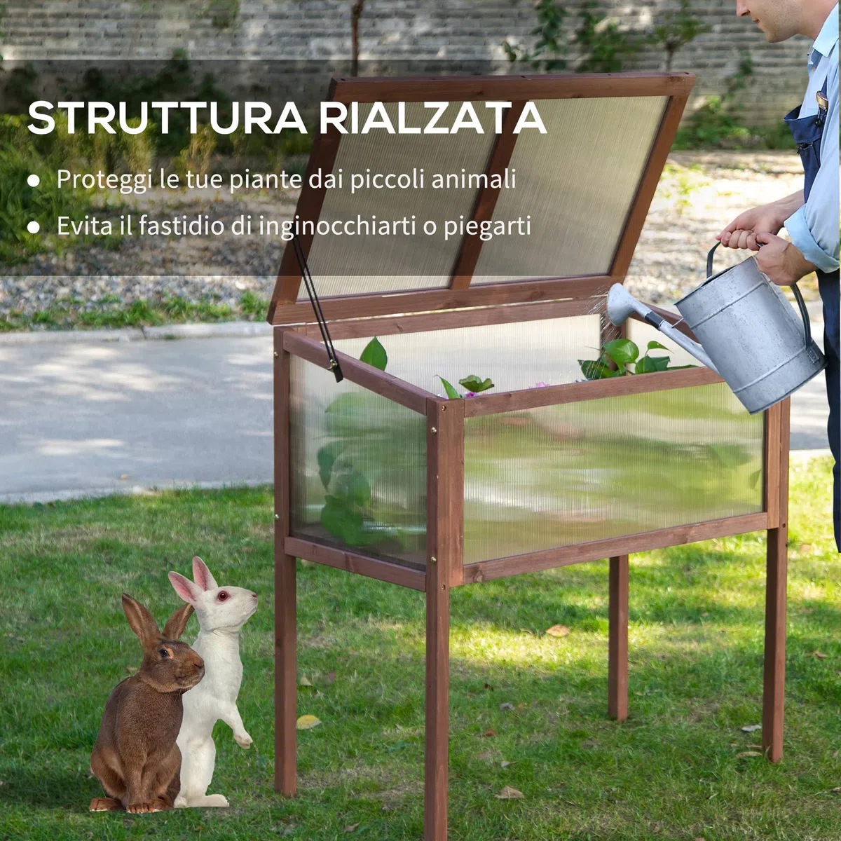 Outsunny Mini Serra da Giardino Letto per Orto Rialzato per Piante Struttura in Legno e Policarbonato con Tetto Apribile e Inclinato, 90x50x93cm