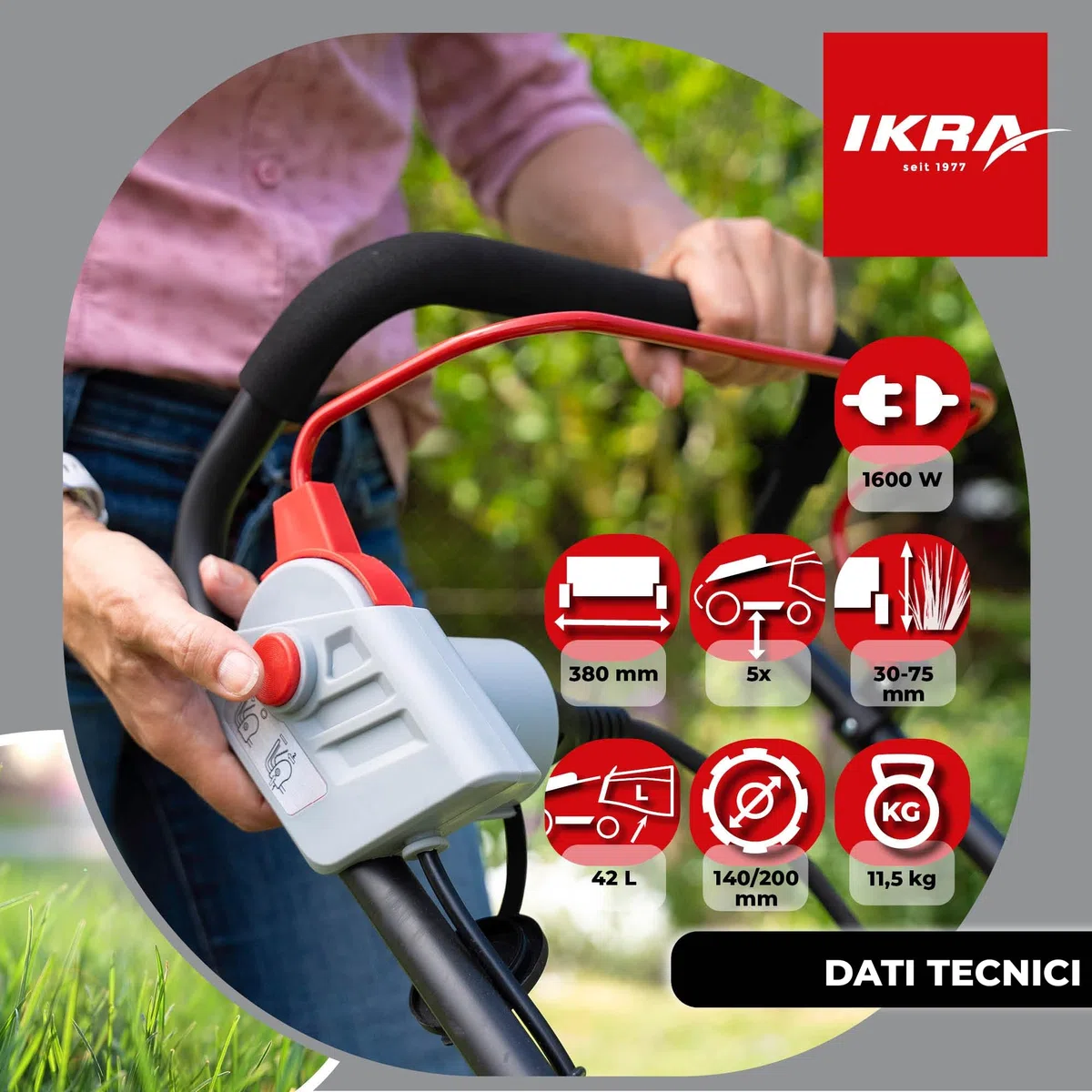 IKRA tosaerba elettrico IERM 1638-1, 1600 W, larghezza di taglio 38 cm | Altezza di taglio su 5 posizioni (30-75mm), manico regolabile in altezza, sacco 42l, kit mulching, lama in metallo temprato