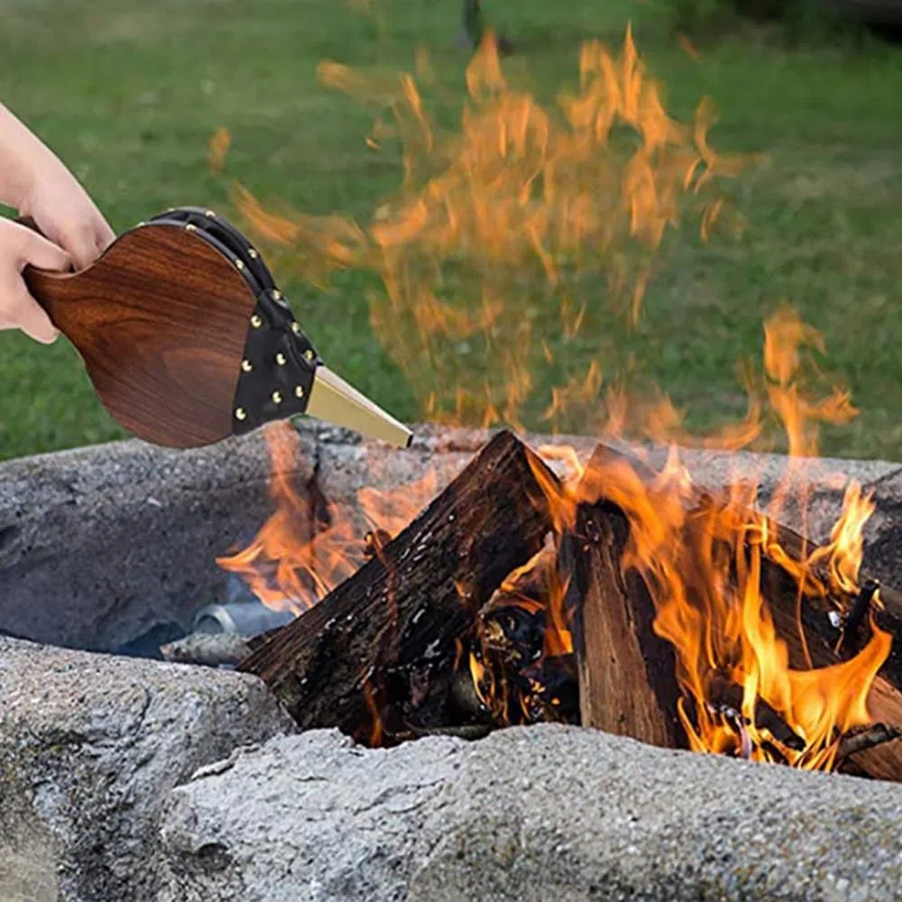 Soffietto a chiodi dorati, soffiatore d'aria in legno, soffietto in plastica, caminetto e barbecue, per barbecue, per esterni, 43 x 19 cm