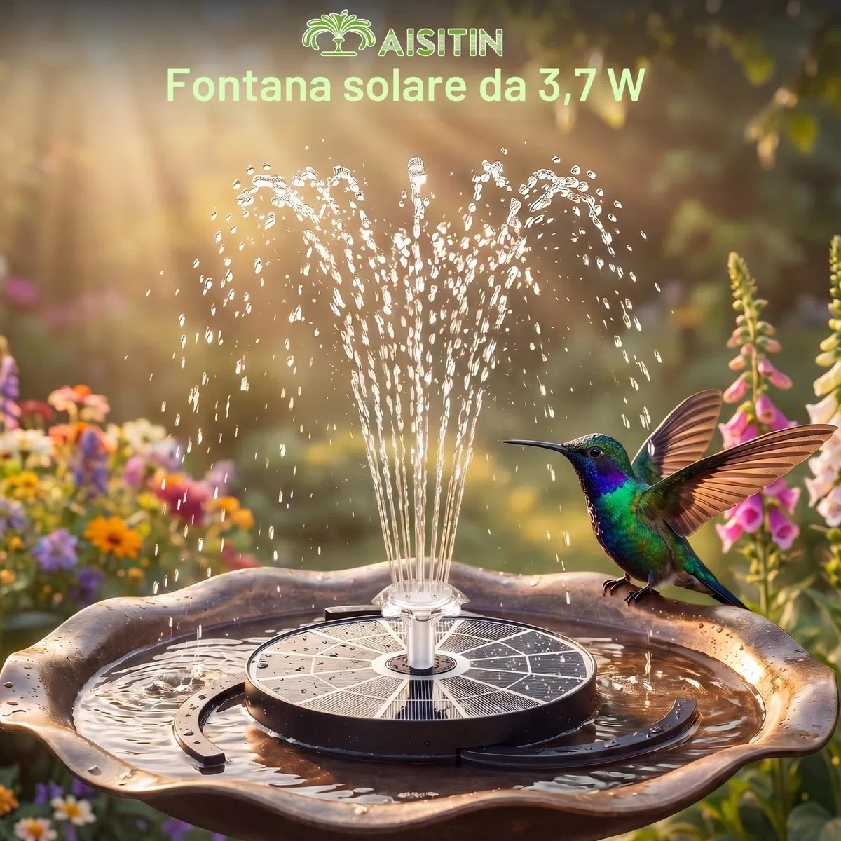 AISITIN Fontana solare per esterni, aggiornata, 3,7 W, per esterni, con 4 effetti di spruzzo, pompa solare per laghetto, fontana galleggiante per giardino, bagno di uccelli, stagno, gioco d'acqua